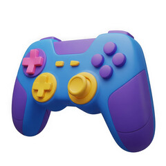 A blue and purple video game controller with yellow buttons isolated on transparent background