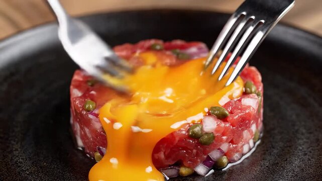 Beef tartare with raw egg yolk being broken by a fork 4K Video