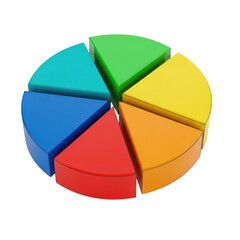 Colorful pie chart divided into six equal segments representing data analysis and financial planning on transparent background