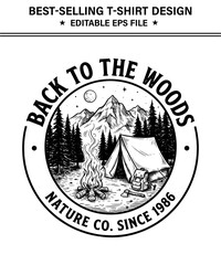 Vintage style camping scene with tent and campfire in the woods with mountains in the background  outdoor adventure emblem