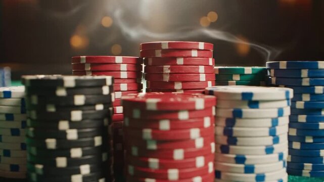 This captivating close-up shot features multiple towering stacks of vibrant game tokens on a dimly lit surface. Red, black, white, and blue chips are meticulously stacked, creating a visually striking