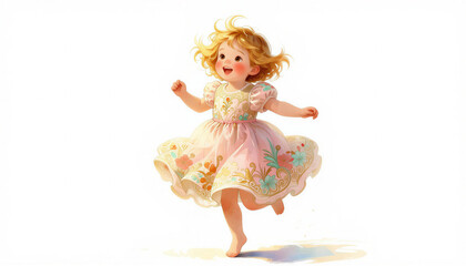 Fototapeta premium Happy little girl jumping on one foot in a colorful dress with joyful expression