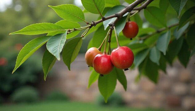 A backyard malay apple tree with ripe fruits hanging low near a wooden fence 