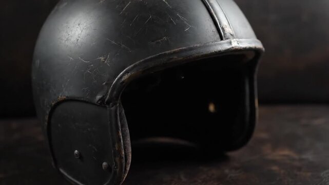 This close-up shot captures a rugged, vintage-style black helmet resting on a dark, textured surface. The helmet showcases authentic wear and tear, with visible scratches and scuffs on its matte finis