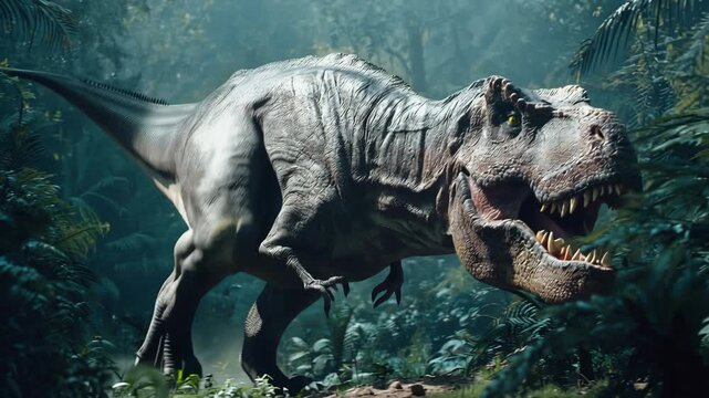 4K Tyrannosaurus rex roaring in a misty prehistoric jungle, a powerful predator in its natural habitat, ancient dinosaur video