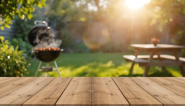 Empty Rustic Wood Tabletop Background with Blurred Smoking Kettle Grill and Picnic Table in Sunlit Summer Backyard Garden
