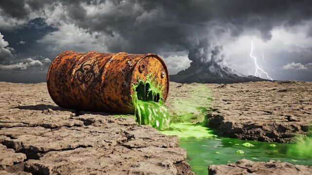 This dramatic visual depicts a rusted, damaged industrial barrel, prominently marked with a warning symbol, leaking a vibrant stream of glowing green liquid onto a parched, desolate landscape. The haz