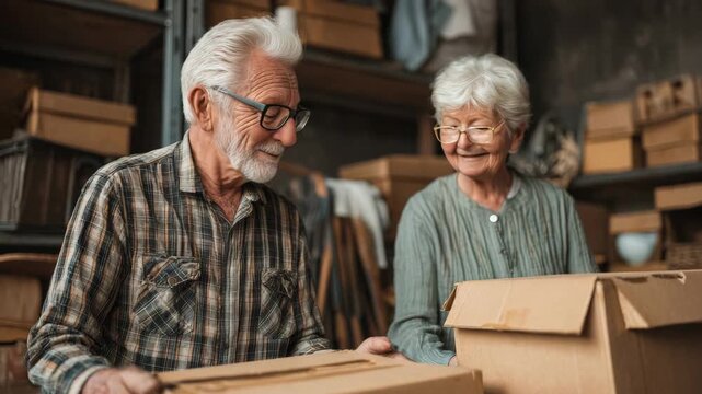 Elderly couple happily packing boxes in a storage room, preparing for a move or shipment
