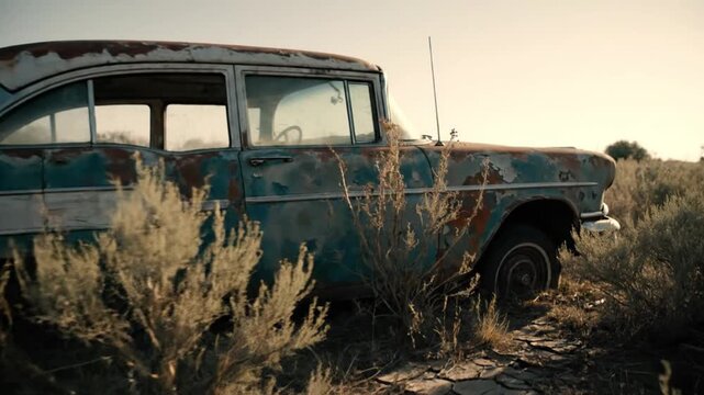 This evocative shot captures a classic, rusted automobile, its once vibrant teal paint peeling away to reveal a rich tapestry of rust and wear. The vintage vehicle, seemingly from a bygone era, is lef