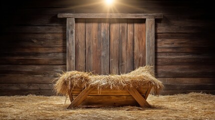 Rustic Wooden Manger Filled with Hay Against a Dark Wooden Background Illuminated by Soft Light