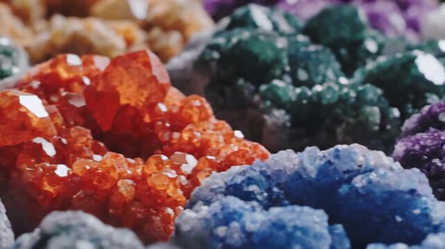 This mesmerizing close-up footage showcases an array of sparkling natural crystals, presenting a vibrant spectrum of colors including brilliant orange, deep purple, soothing blue, and lush green. The 