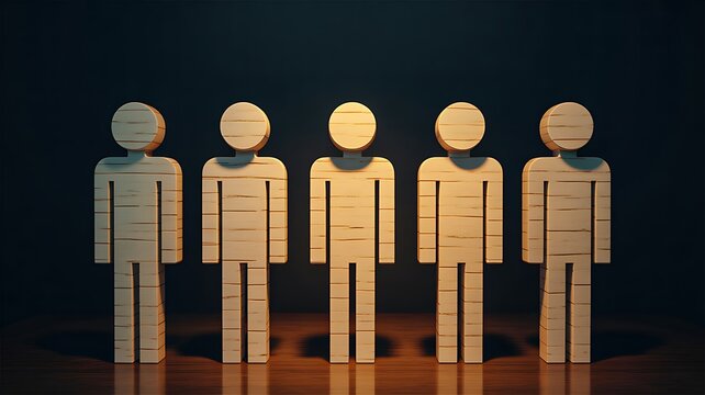 Wooden human figures standing in row representing equality unity and social diversity concept
