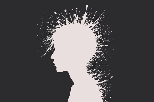 White silhouette boy profile with ink splatter exploding from head symbolizing creativity and imagination on dark background, abstract artistic vector illustration