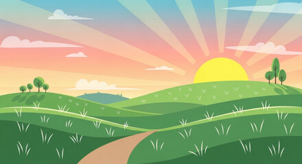Obraz premium Serene landscape with rolling green hills winding dirt path and vibrant sunrise or sunset sky with trees and grassy fields