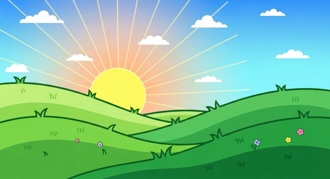 Vibrant cartoon landscape with rolling green hills colorful flowers and sunny sky with clouds at sunrise