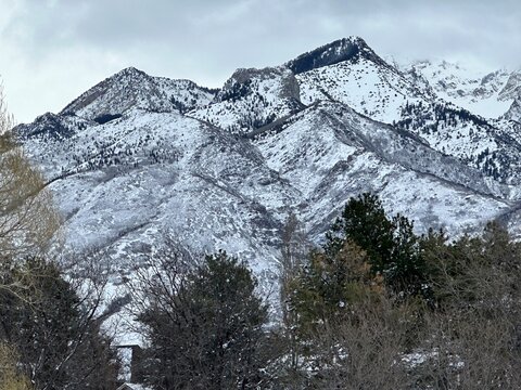 Snowy mountain peaks in the Wasatch Mountain Range viewed from Willow Creek Park in Sandy, Utah, USA
