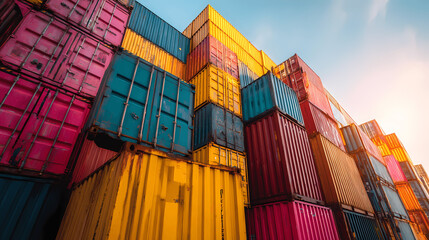 Fototapeta premium Stacked Shipping Containers in Harbor