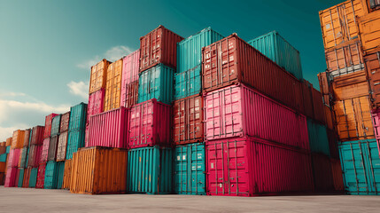 Fototapeta premium Stacked Shipping Containers in Harbor