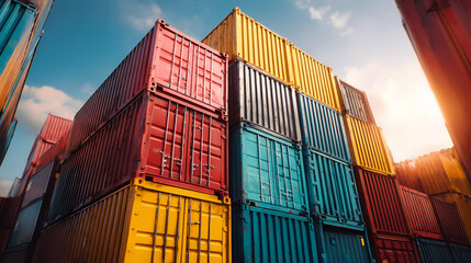 Fototapeta premium Stacked Shipping Containers in Harbor