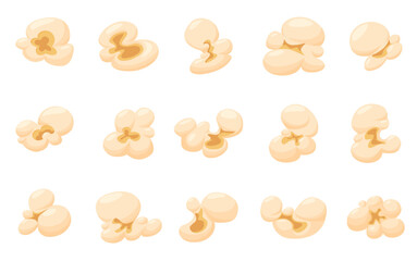 Cartoon popcorn grains. Cinema snack, kernels popcorns for watching tv at home or movie theater. Salty, sweet snacks for entertainment time, nowaday vector grain
