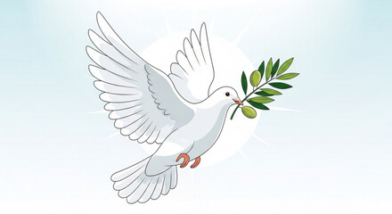 Fototapeta premium White dove flying with olive branch in beak against soft blue background symbolizing peace and harmony in elegant minimalist illustration
