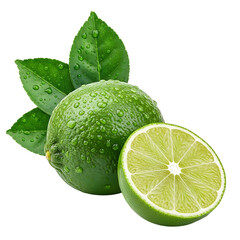 Fresh lime with water droplets and green leaves isolated on a transparent background