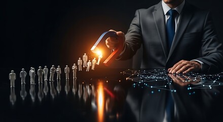 Businessman attracting top talent with magnetic leadership in modern corporate environment