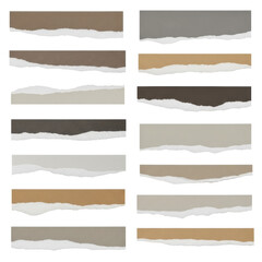 Collection of torn paper strips, various colors and textures, grunge, vintage, scrapbook elements, isolated on transparent background