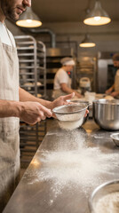 Fototapeta premium Male baker sifting flour through a sieve in a busy commercial kitchen with other bakers working in the background and stainless steel equipment visible