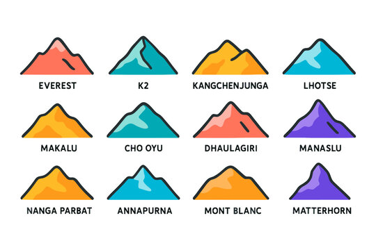 Colorful mountain icons set featuring famous peaks with names