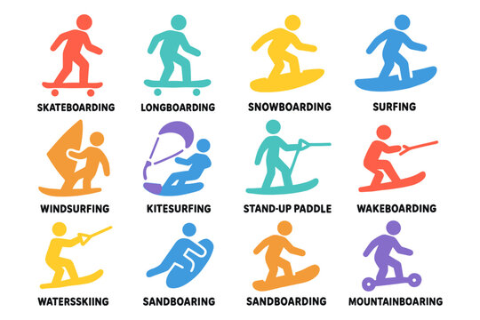 Colorful silhouette icons of diverse board sports activities