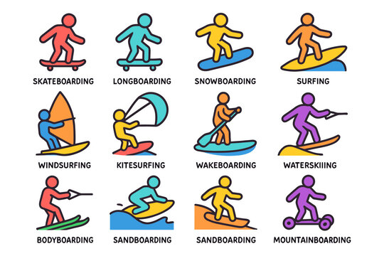 Colorful sport figures: skateboarding, surfing, snowboarding, and more