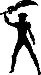 Obraz premium Illustration of a strong female fantasy warrior silhouette in dynamic pose. She holds a large curved blade and wears spiked armor, ideal for combat or character design themes.