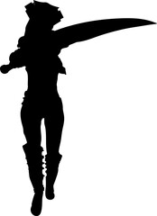 Obraz premium Illustration of a strong female fantasy warrior silhouette in dynamic pose. She holds a large curved blade and wears spiked armor, ideal for combat or character design themes.