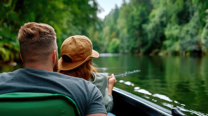Fototapeta premium Romantic couple enjoying summer vacation fishing trip on a peaceful river in a boat, spending quality time together and connecting with nature