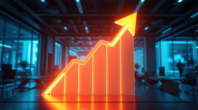 A glowing orange graph with an upward trend in a modern office space