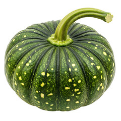 Ripe green spotted pumpkin with curved stem isolated on a transparent background
