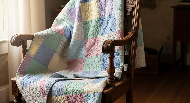 Handmade pastel patchwork quilt draped over a vintage wooden rocking chair.