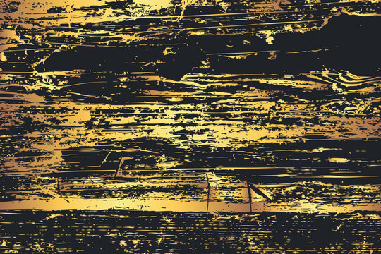 High detail illustration of distressed golden wooden planks with scratches, cracks, and worn textures. Rustic grunge background with rough natural details, perfect for vintage, abstract, or retro desi