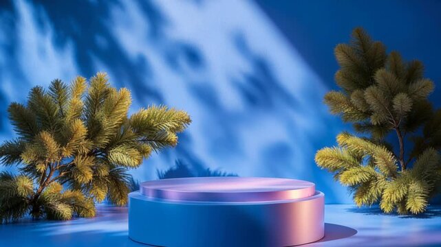 Empty cosmetic podium stand with pine branches and shadows for winter holiday product presentation