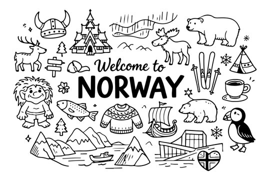 Norway Travel Hand Drawn Doodle Set. Vector Illustration of Scandinavian Landmarks, Viking and Nature Symbols.