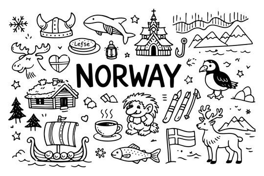 Norway Travel Hand Drawn Doodle Set. Vector Illustration of Scandinavian Landmarks, Viking and Nature Symbols.