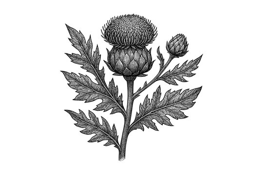 Intricate botanical thistle drawing in vintage style on white background