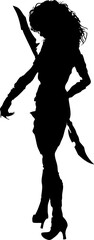 Black silhouette of a warrior zombie woman with outstretched, clawed hands against a white background. Perfect for Halloween, horror themes, or spooky graphic design projects.