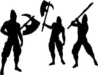 Black silhouette of a muscular warrior in a powerful stance, holding a large battle axe over his shoulder. Ideal for game art, fantasy themes, or designs requiring strength and action.
