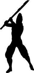 Black silhouette of a muscular warrior in a powerful stance, holding a large battle axe over his shoulder. Ideal for game art, fantasy themes, or designs requiring strength and action.