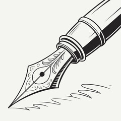 Obraz premium Elegant black and white fountain pen nib writing flowing lines, detailed illustration for calligraphy, art, or classic stationery