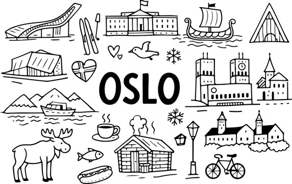 Oslo Norway Travel Hand Drawn Doodle Set. Vector Illustration of City Landmarks, Viking Ship and Skiing Symbols.