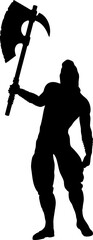 Black silhouette of a muscular warrior in a powerful stance, holding a large battle axe over his shoulder. Ideal for game art, fantasy themes, or designs requiring strength and action.