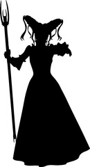 Black silhouette of a witch in a flowing gown and fantasy hairstyle, holding a trident like pitchfork. Perfect for Halloween, fantasy, or dark magic-themed graphic design projects.